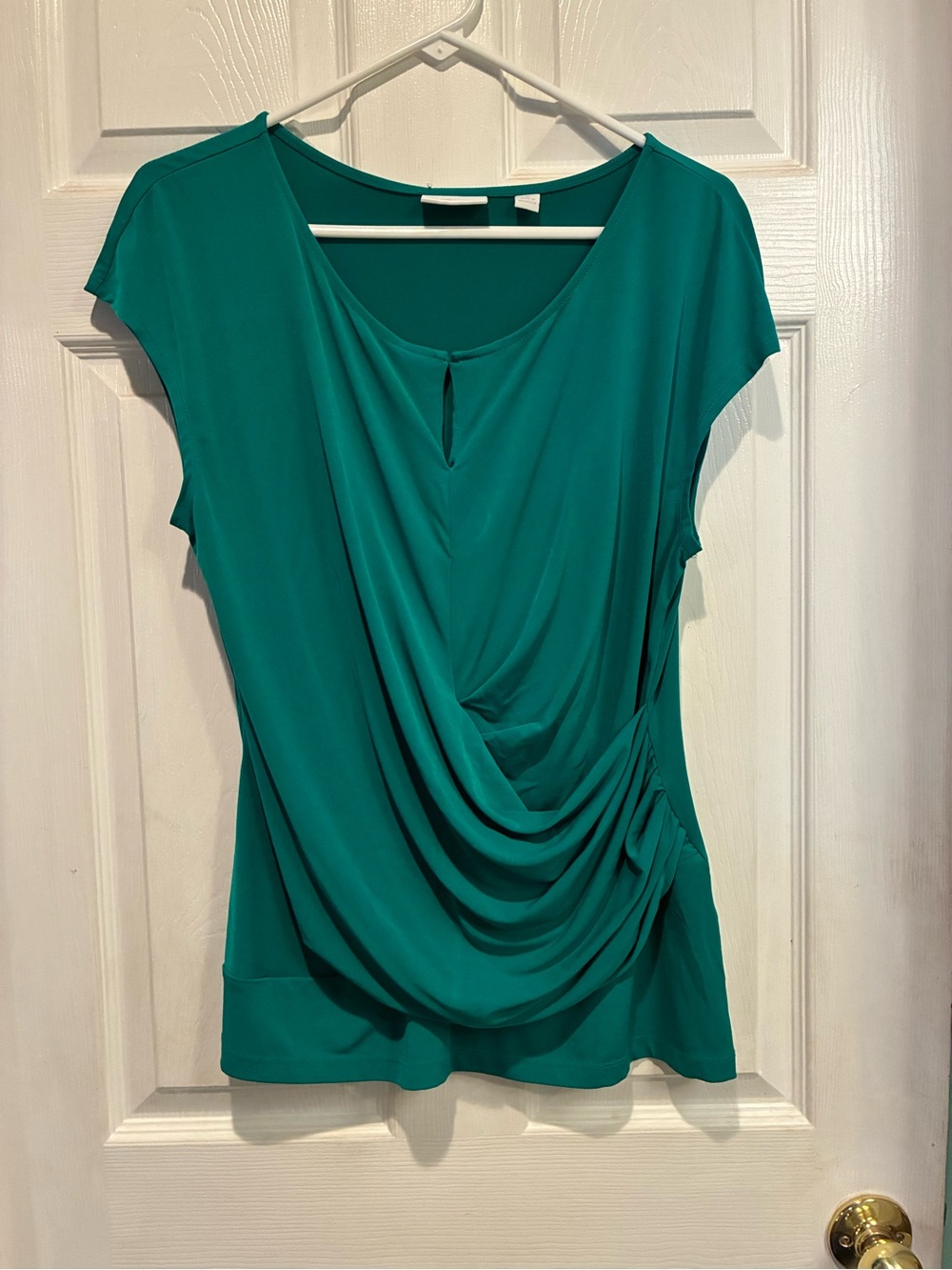 New York & Company Teal Draped Cap-Sleeve Blouse